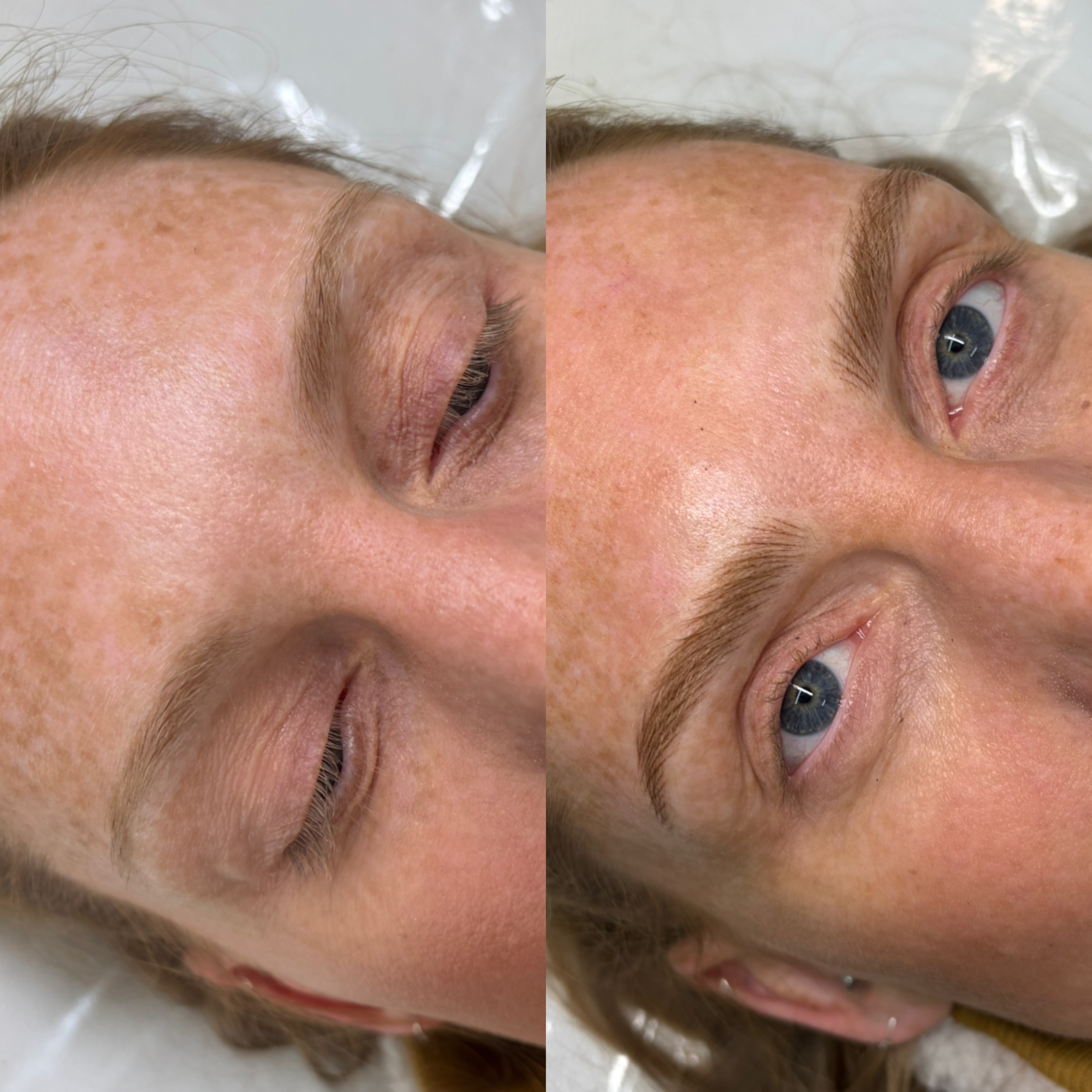 Colour-matched combination brows complementing lighter hair, before and after