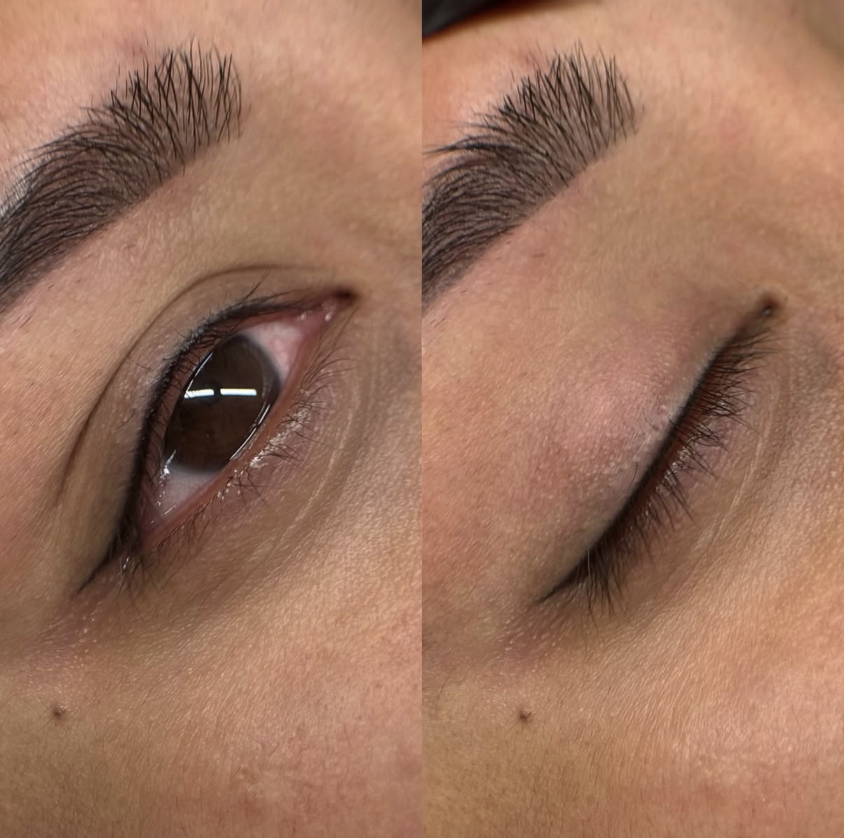Lash line enhancement shown with the eye open and closed, soft natural definition along the upper lash line