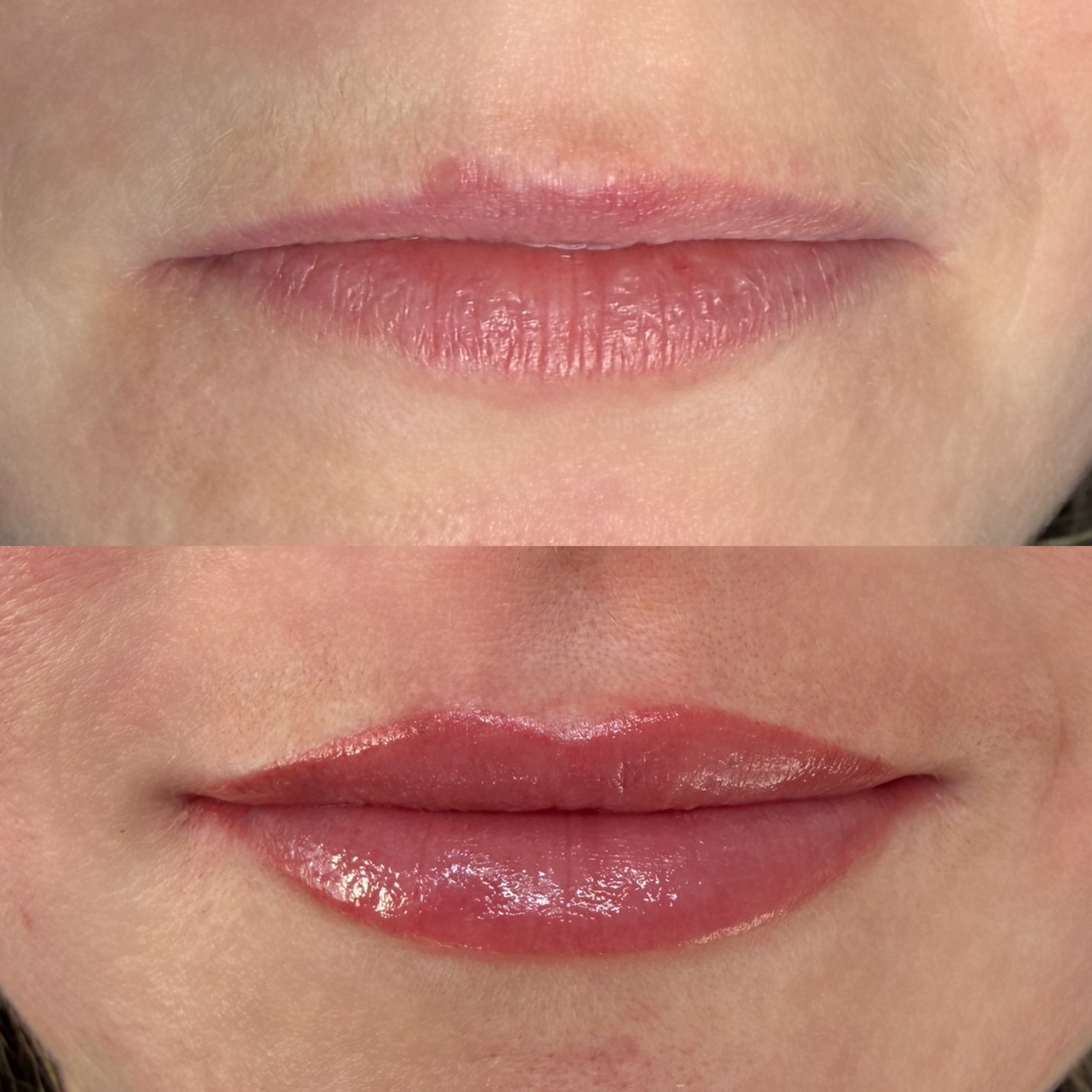 Natural pink lip blush, before and after
