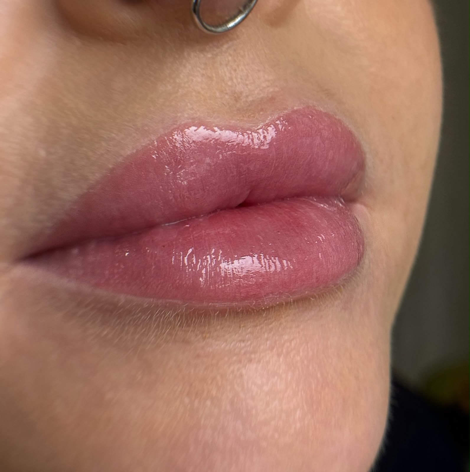 Healed lip blush close-up with soft colour and a glossy finish