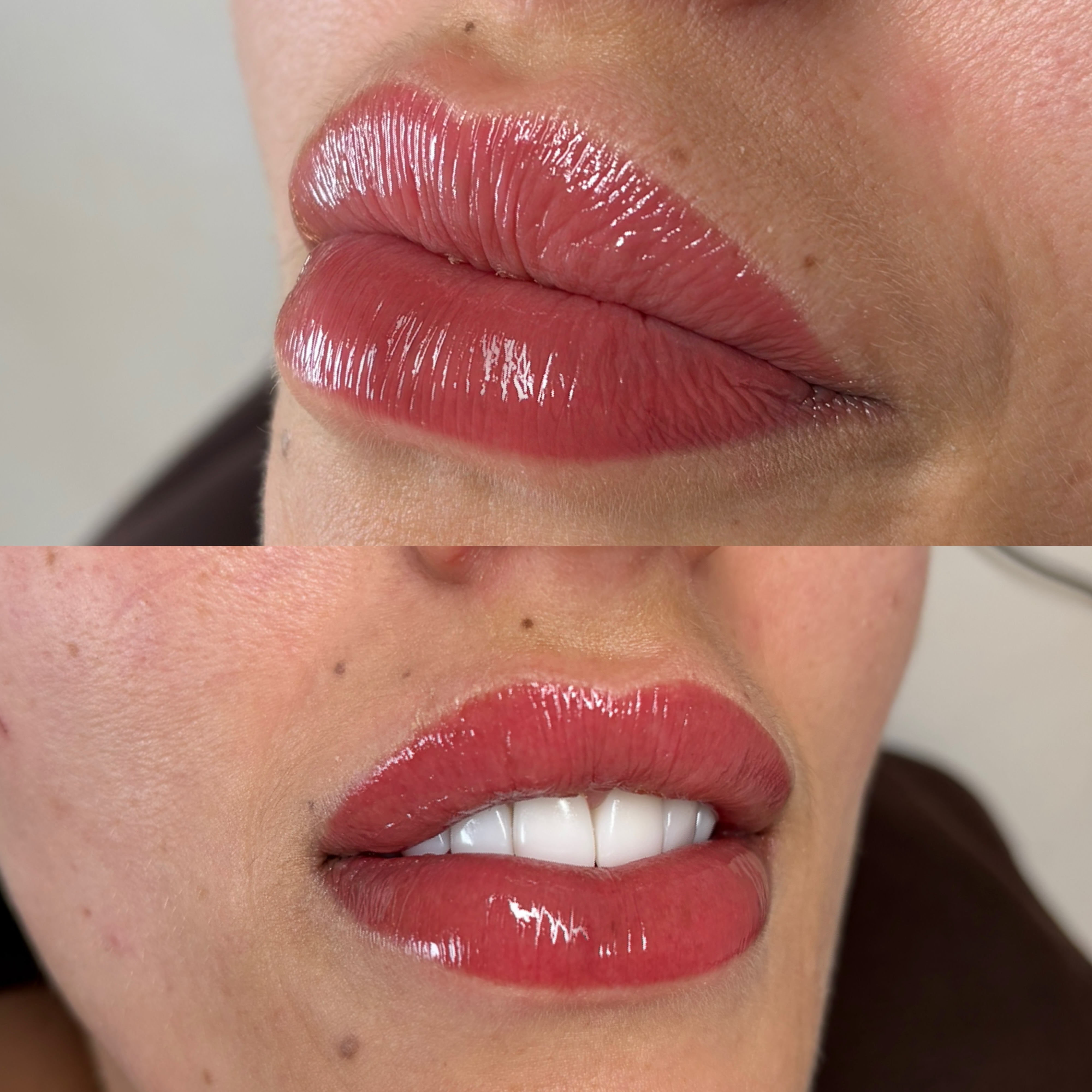 Fresh coral pink lip blush, close up