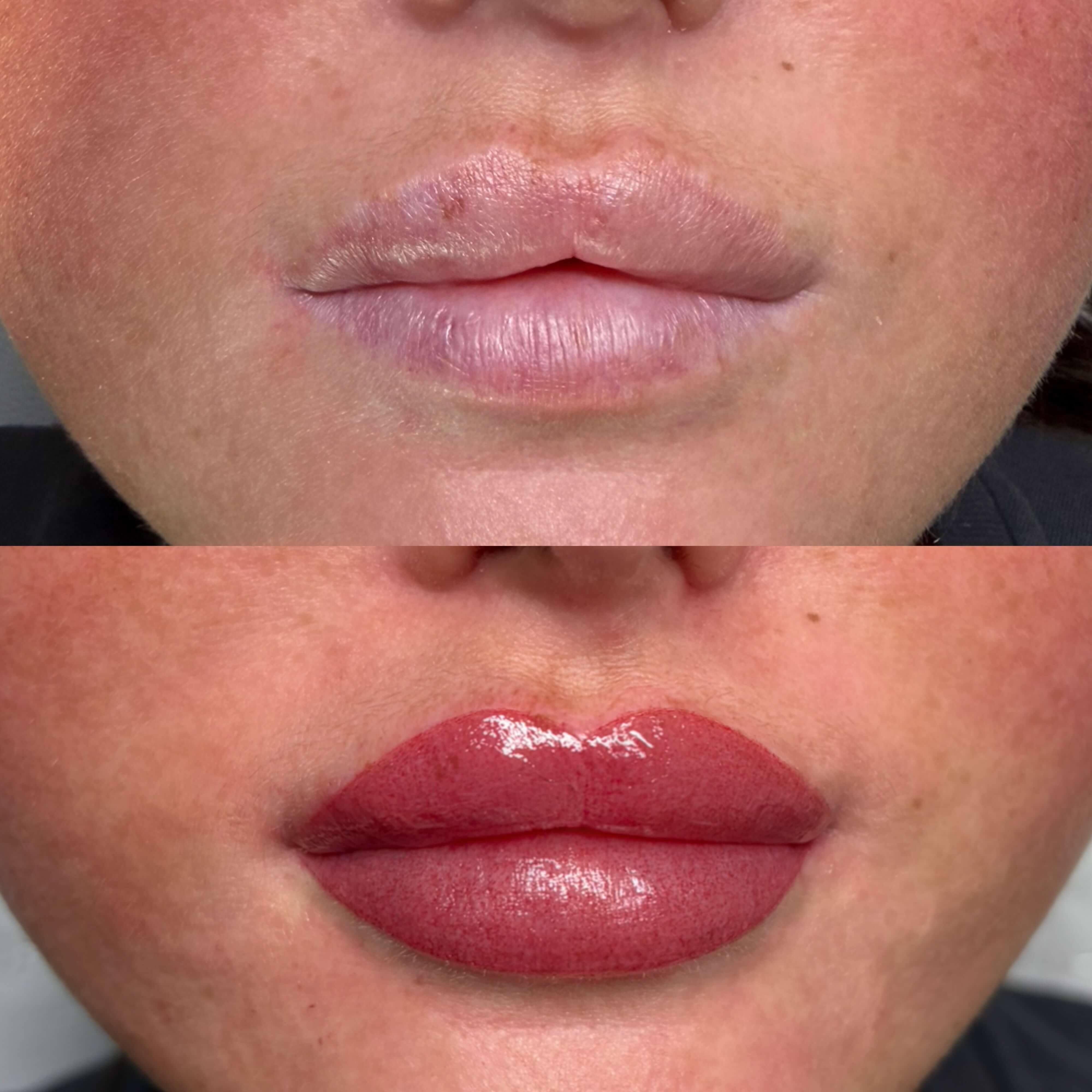 Dark lip neutralisation, before and after on deep cool-toned lips